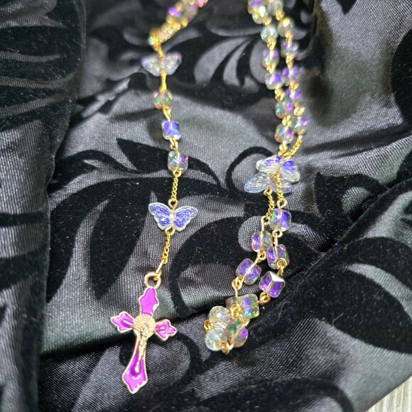 Handcrafted Whimsical Iridescent Butterfly Purple and Gold Rosary Christmas Gift - Picture 4 of 11